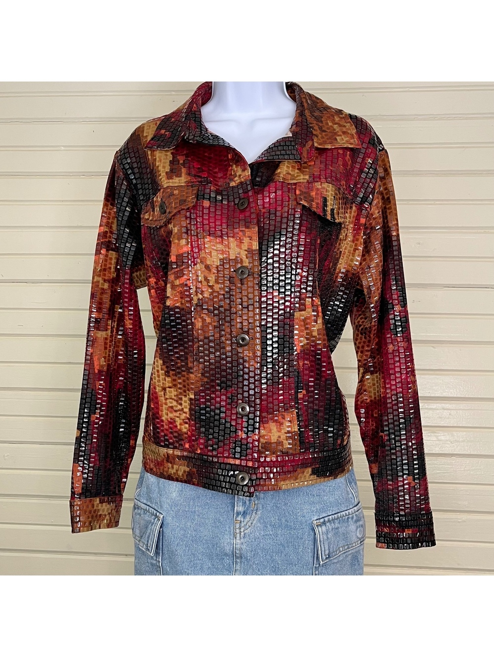 Elementz 1X Shiny Red Multi Patchwork Shimmer Fall Shirt Jacket Disco Artsy
